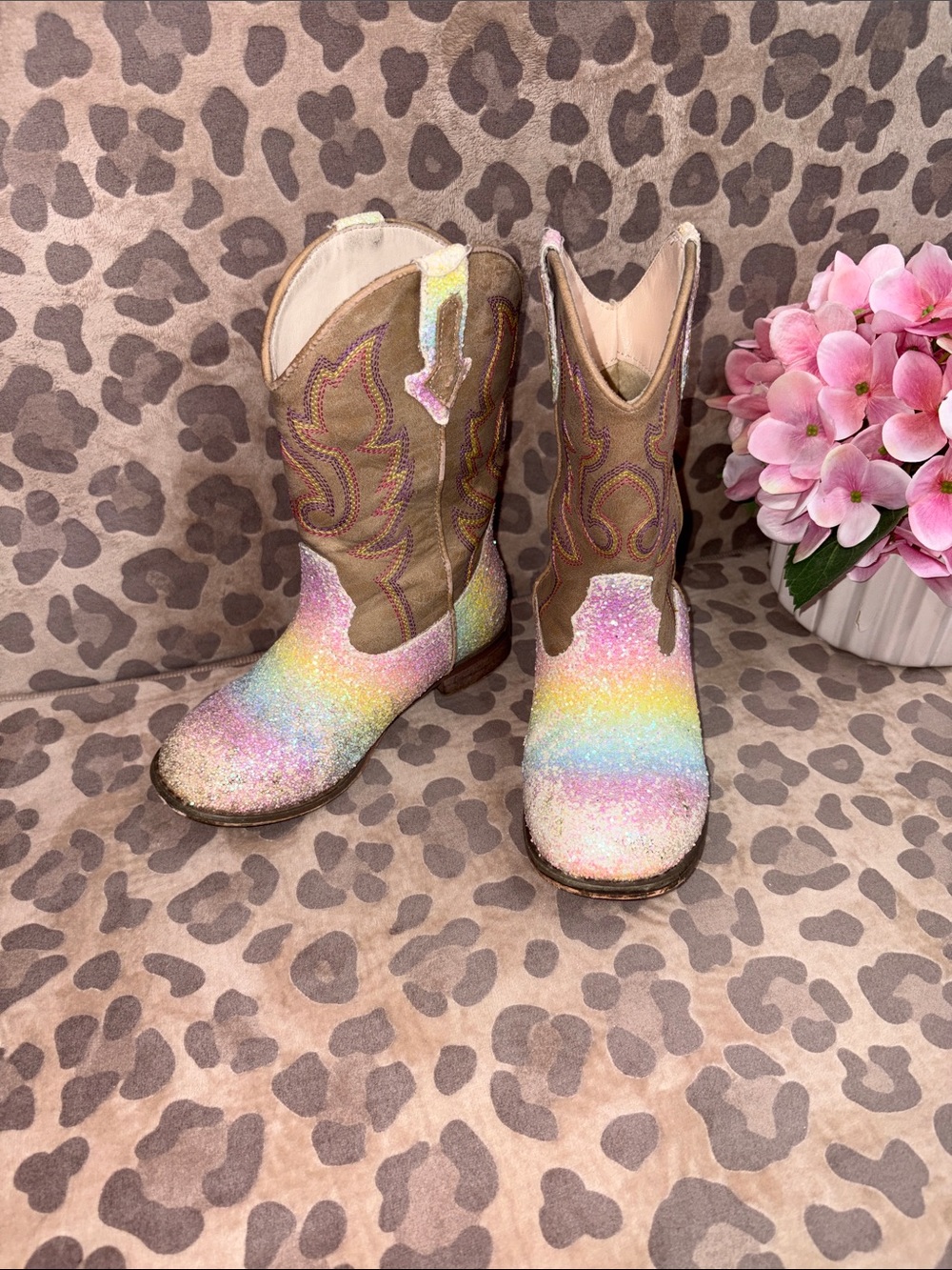 Kids Rainbow Glitter Cowboy Boots - Brown Upper